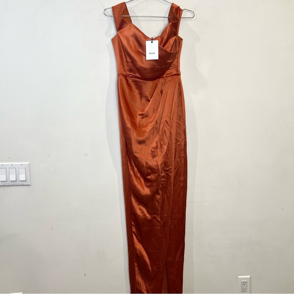 Sau Lee Gwyneth Off the Shoulder Gown Satin Maxi Dress Copper size 2 NEW w/ tags - Picture 3 of 16